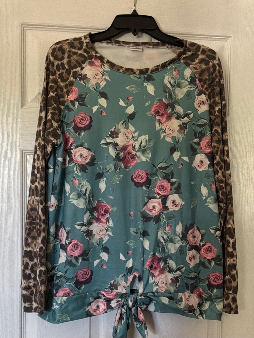 Twice Chic Boutique Teal Floral Raglan Top with Leopard Sleeves